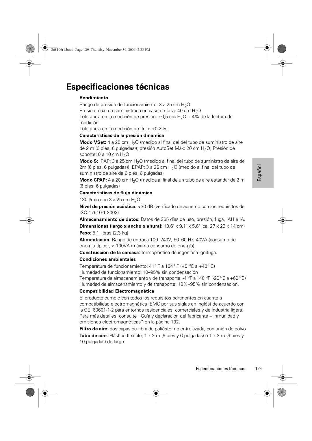 ResMed C16389 dimensions Especificaciones técnicas, 129 