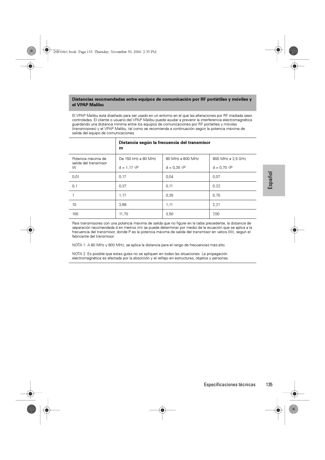 ResMed C16389 dimensions 135, Distancia según la frecuencia del transmisor m 