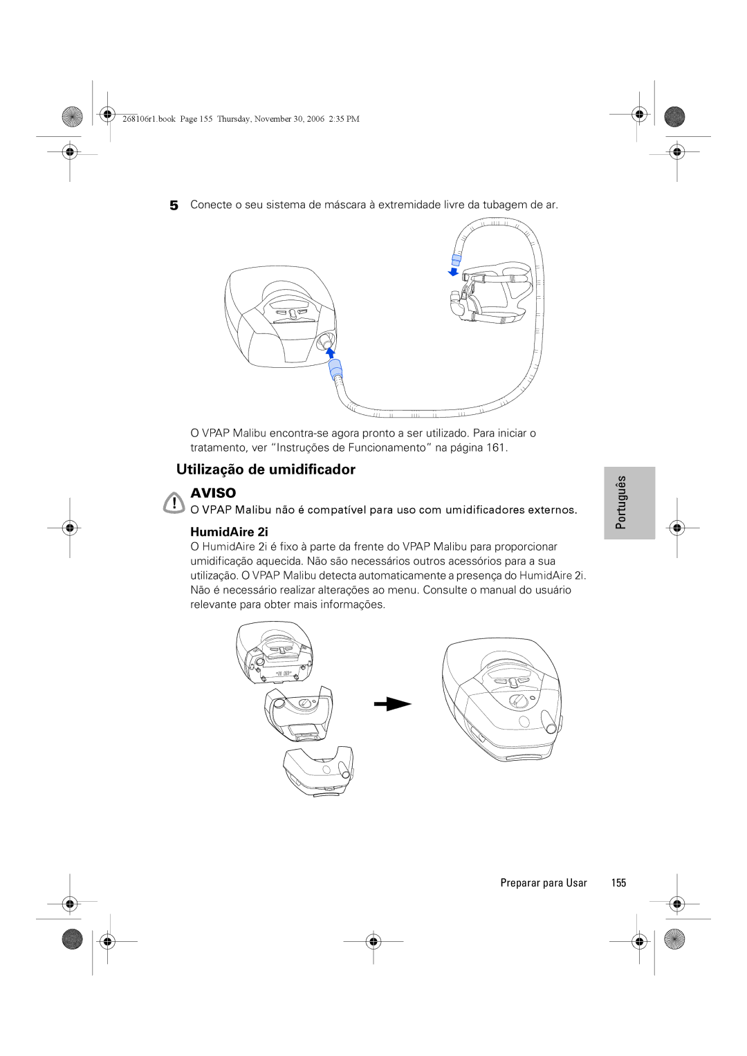 ResMed C16389 dimensions Utilização de umidificador, Preparar para Usar 155 