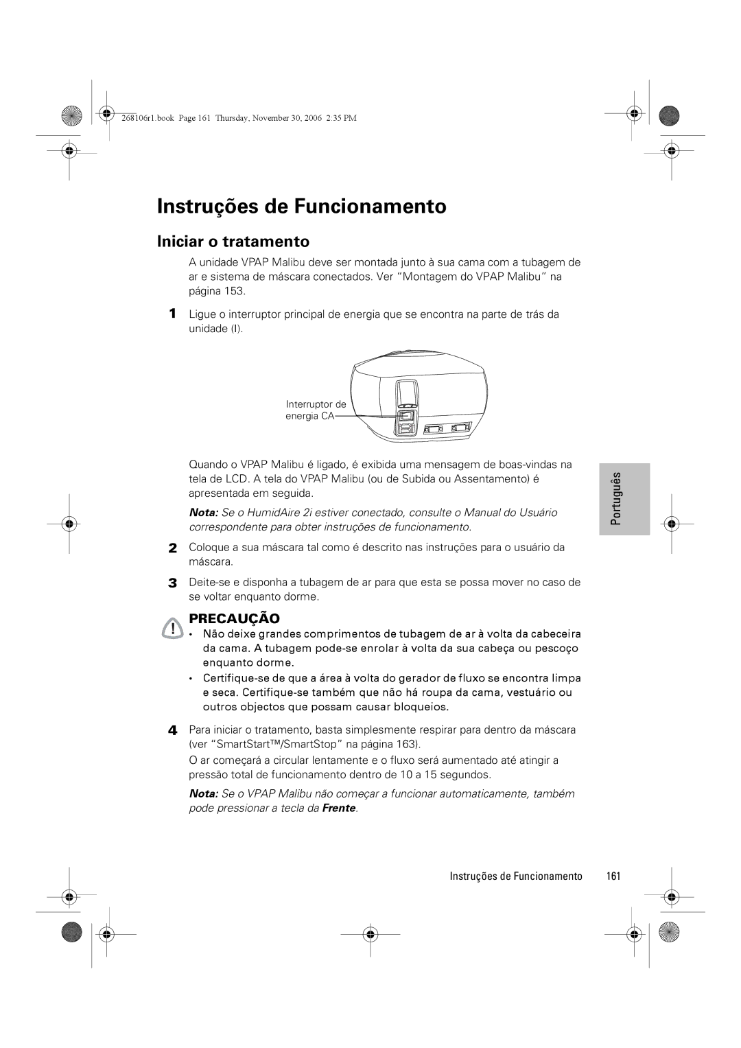 ResMed C16389 dimensions Instruções de Funcionamento, Iniciar o tratamento, 161 