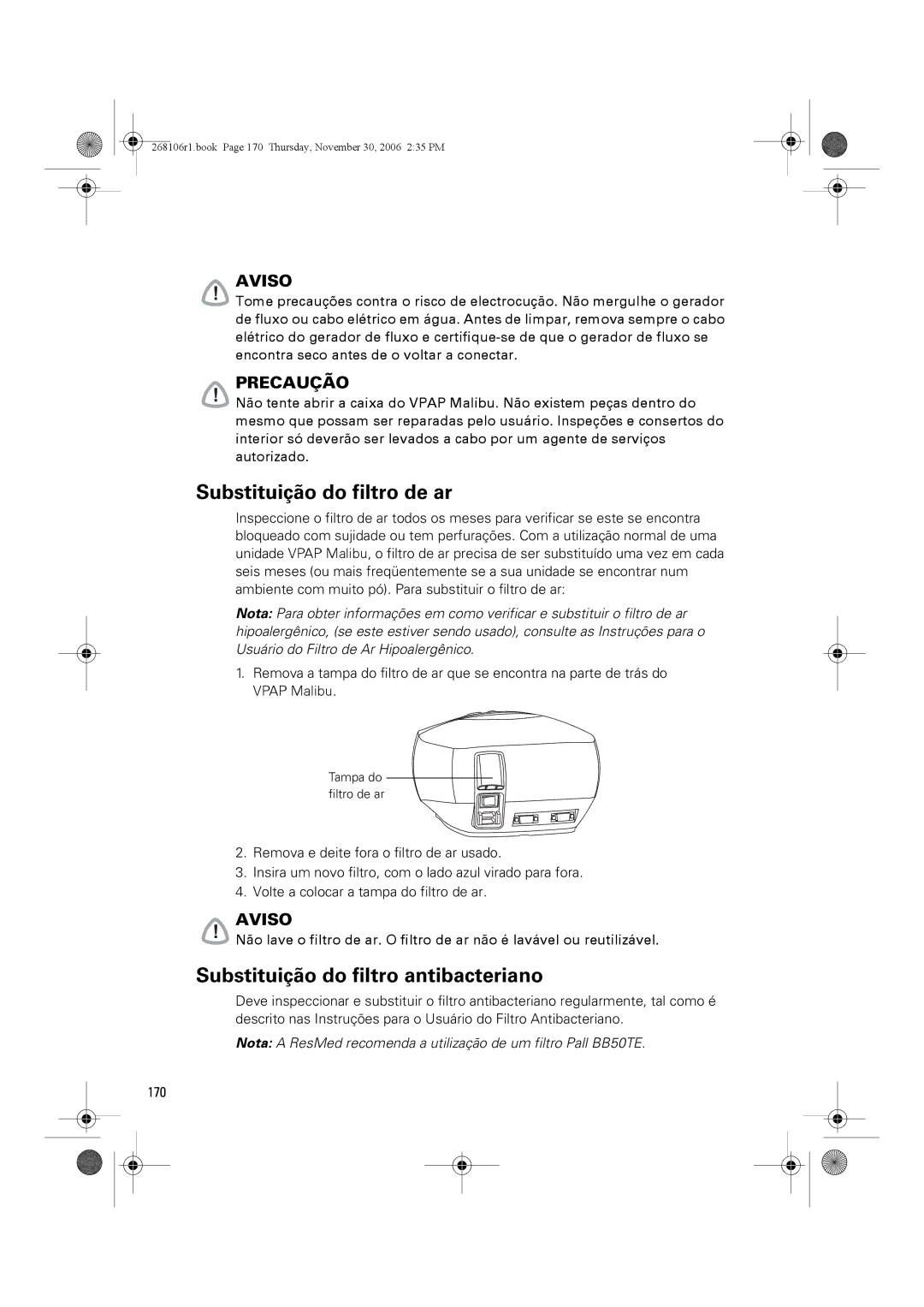 ResMed C16389 dimensions Substituição do filtro de ar, Substituição do filtro antibacteriano, 170 