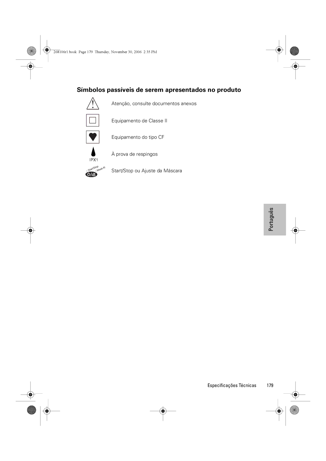 ResMed C16389 dimensions Símbolos passíveis de serem apresentados no produto, Start/Stop ou Ajuste da Máscara 