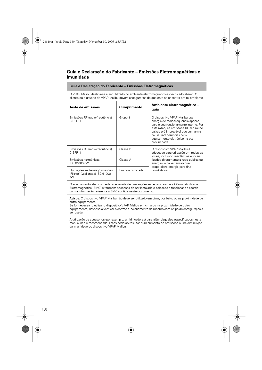 ResMed C16389 dimensions 180, Guia e Declaração do Fabricante Emissões Eletromagnéticas 