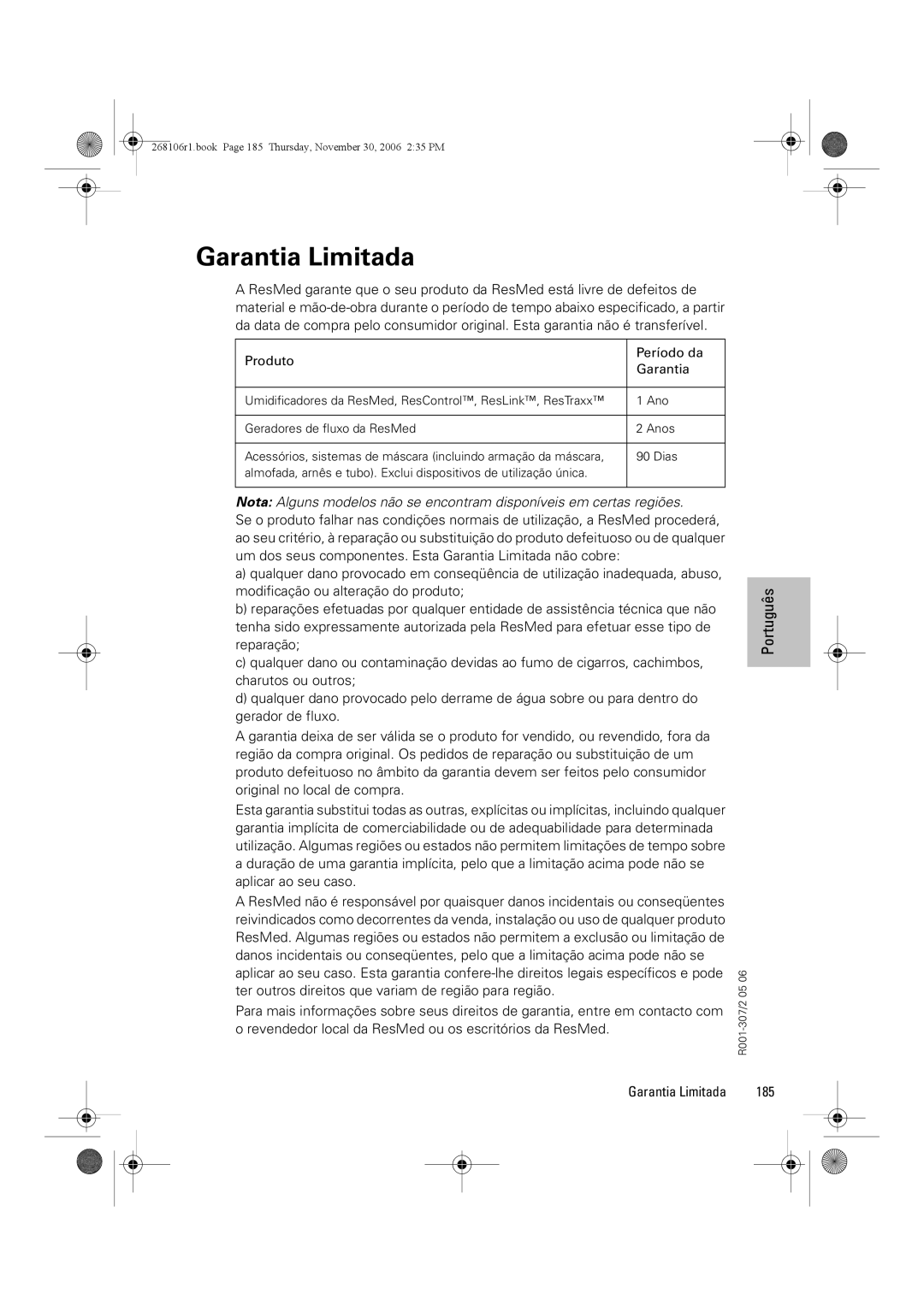 ResMed C16389 dimensions Garantia Limitada, 185 