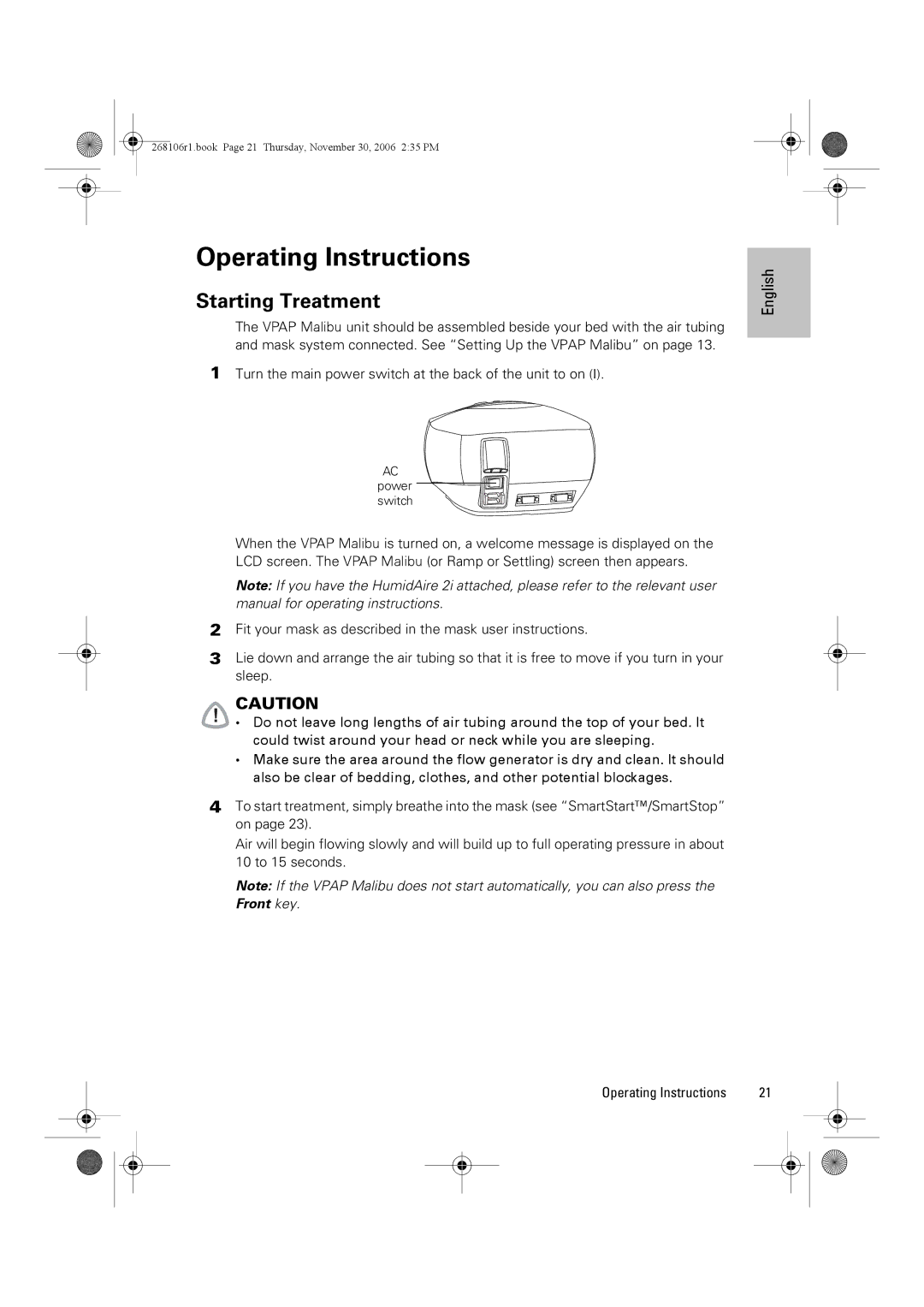 ResMed C16389 Operating Instructions, Starting Treatment, Turn the main power switch at the back of the unit to on 