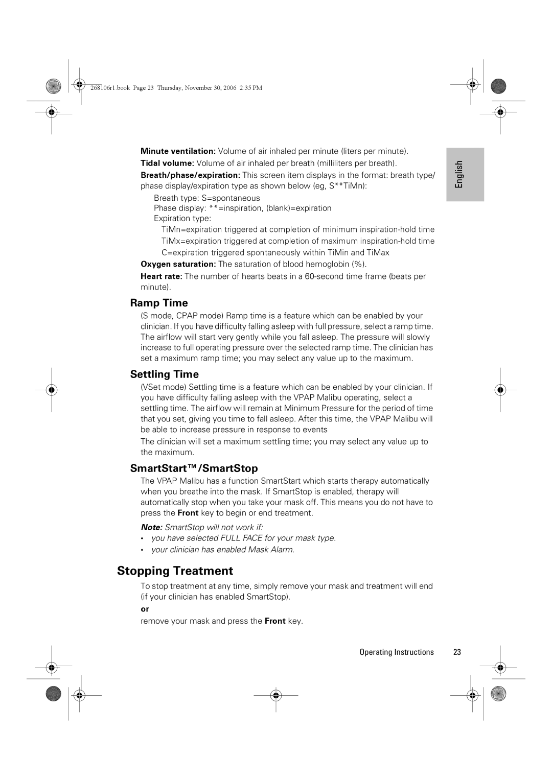 ResMed C16389 dimensions Stopping Treatment, Ramp Time, Settling Time, SmartStart/SmartStop 