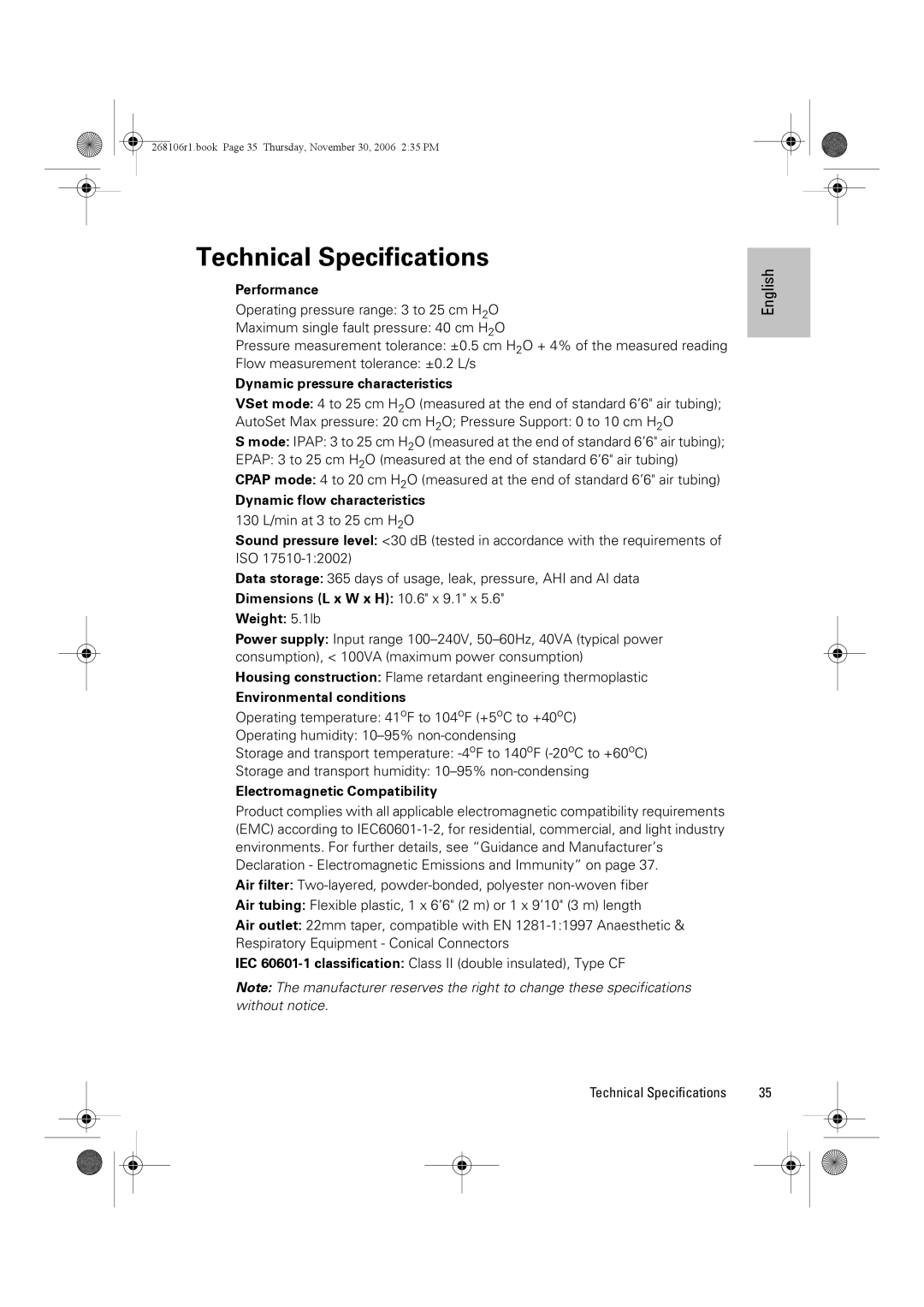 ResMed C16389 dimensions Technical Specifications, Performance 