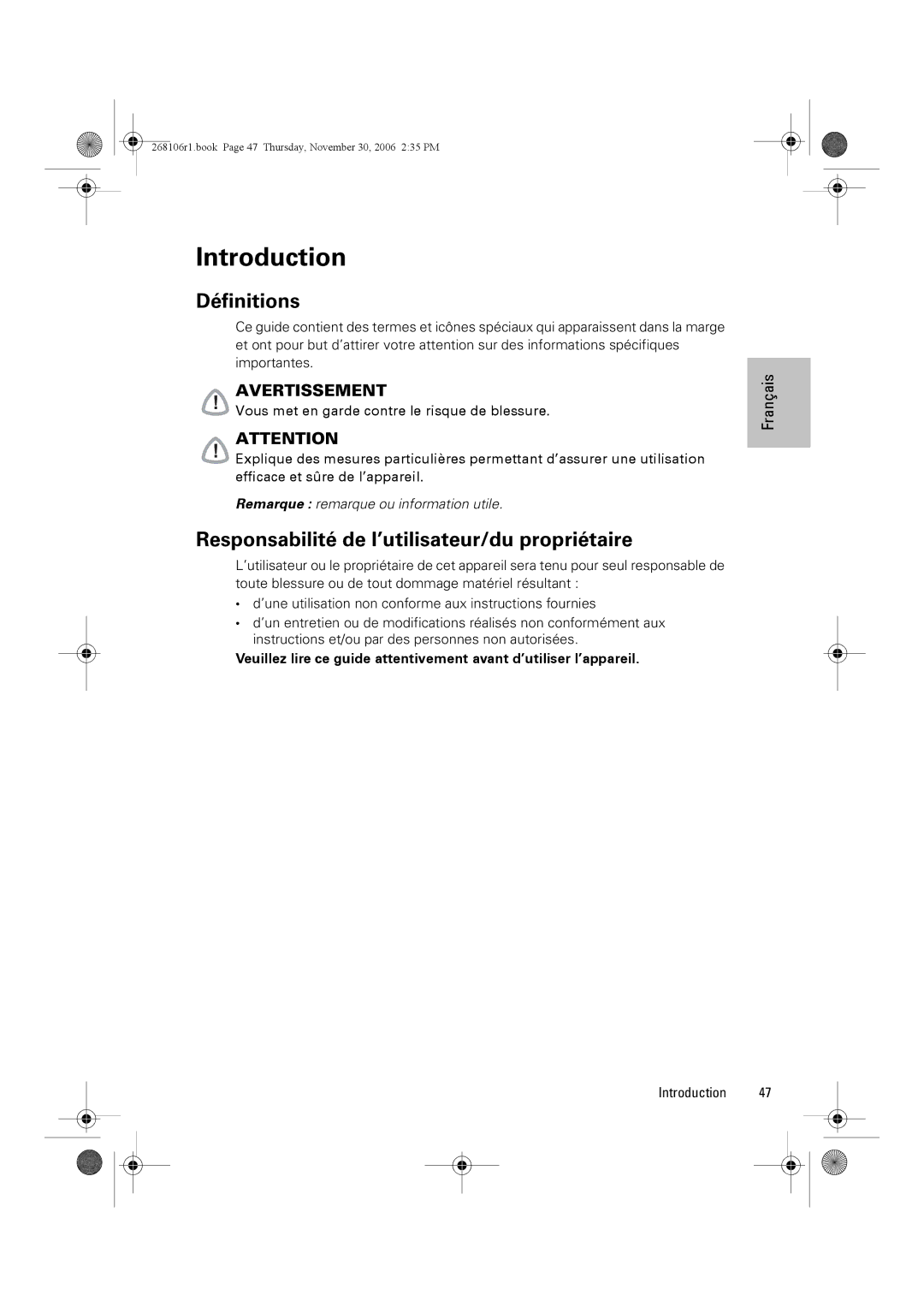 ResMed C16389 dimensions Définitions, Responsabilité de l’utilisateur/du propriétaire 