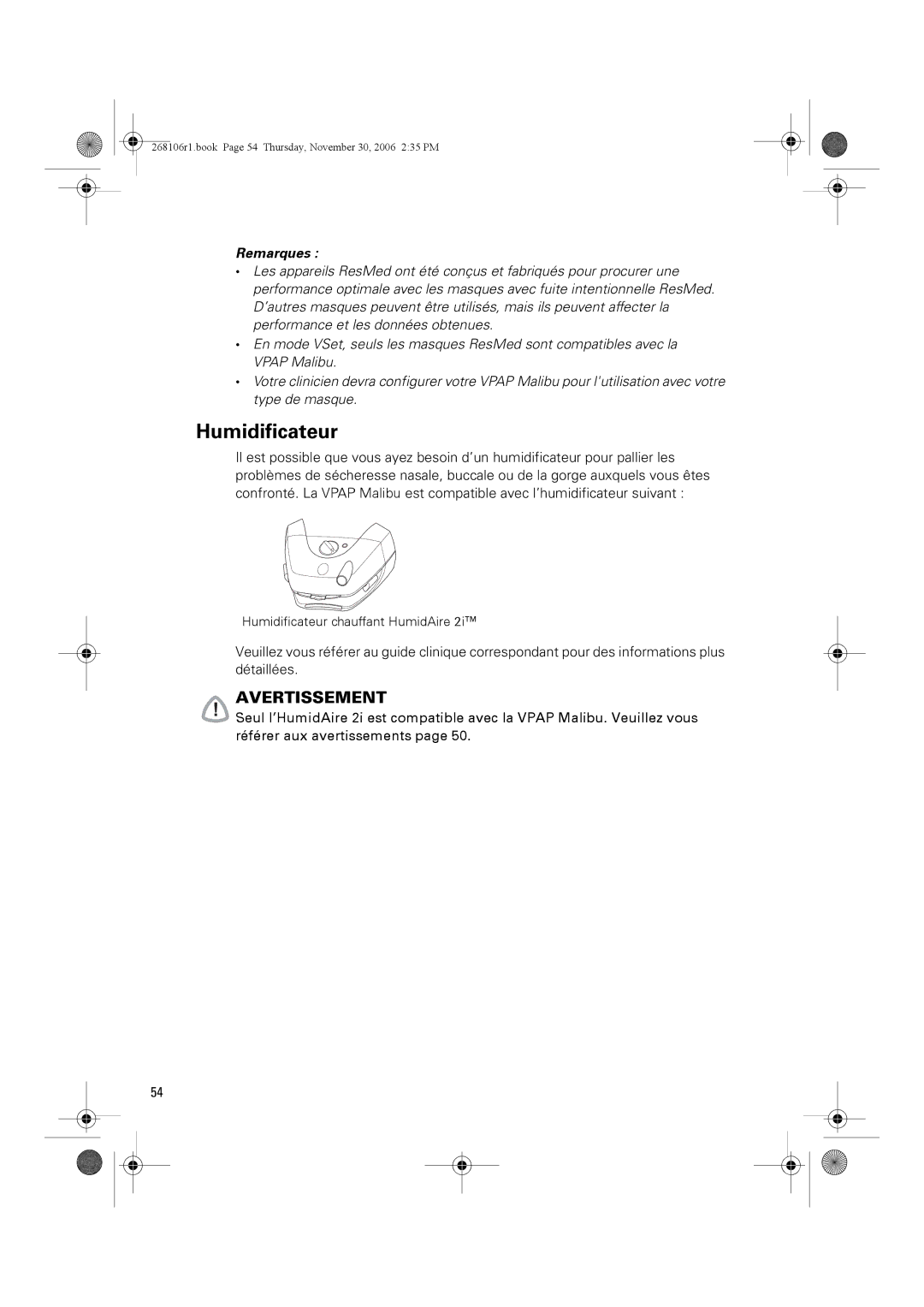 ResMed C16389 dimensions Humidificateur, Remarques 