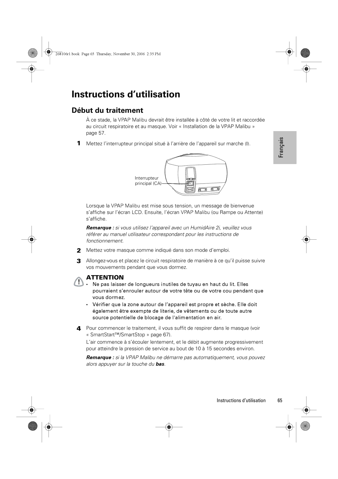 ResMed C16389 dimensions Instructions d’utilisation, Début du traitement, ’affiche 