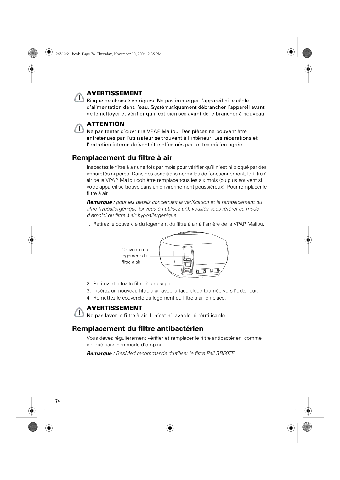 ResMed C16389 dimensions Remplacement du filtre à air, Remplacement du filtre antibactérien 