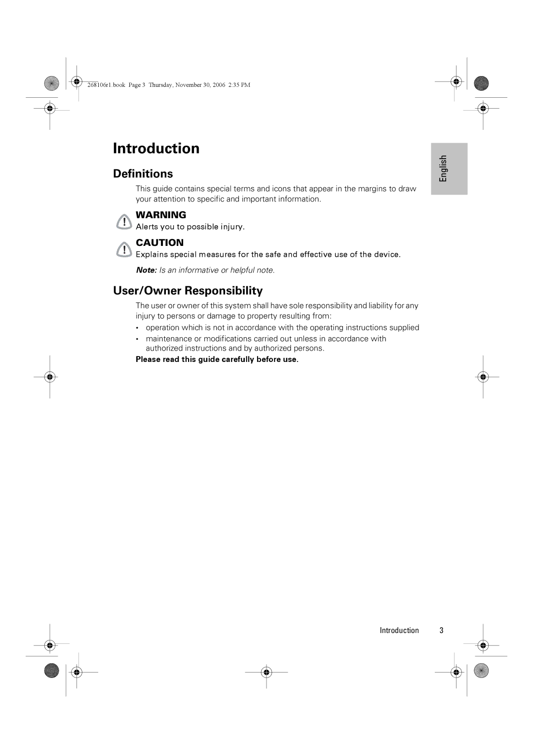 ResMed C16389 dimensions Introduction, Definitions, User/Owner Responsibility 