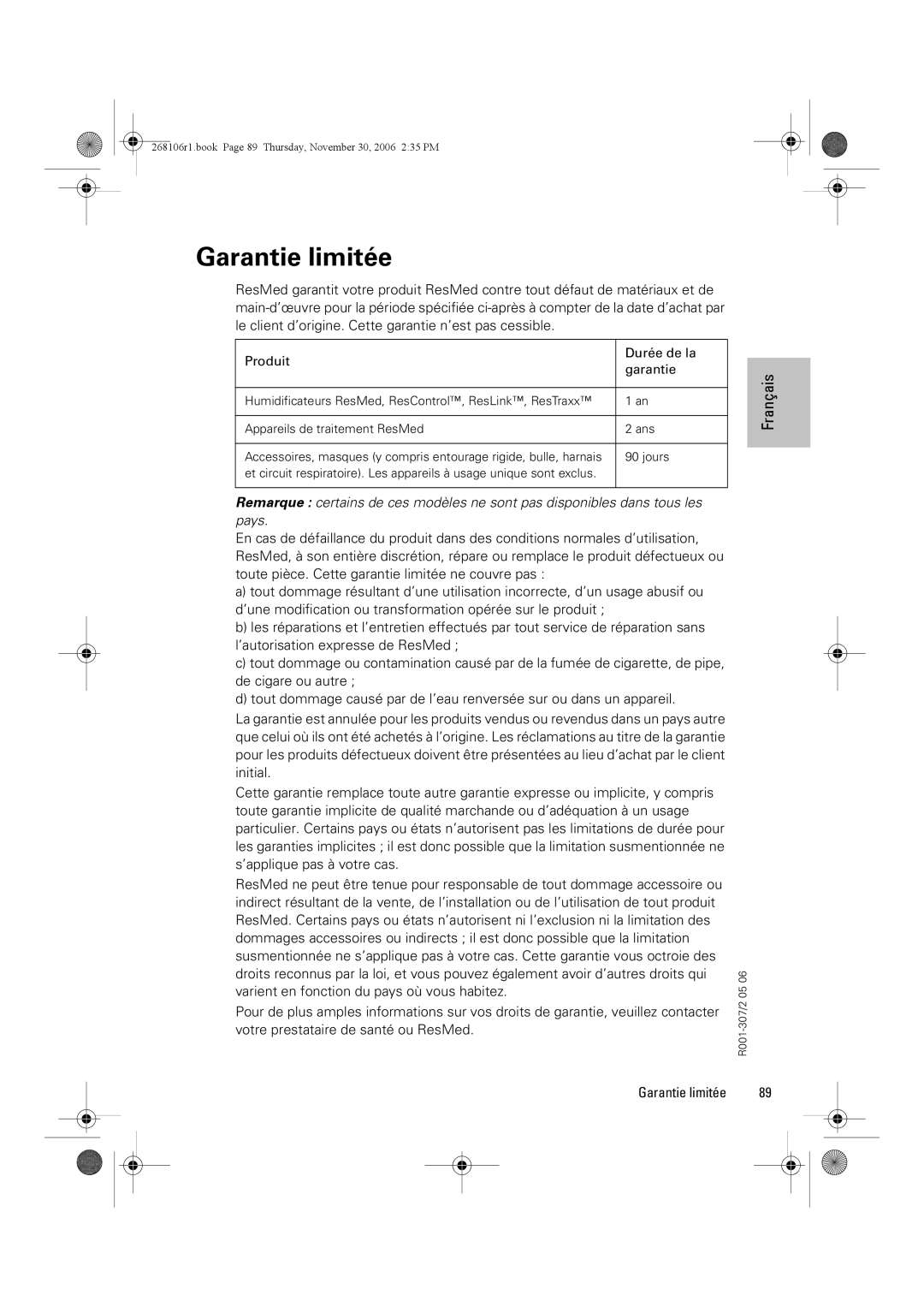 ResMed C16389 dimensions Garantie limitée 