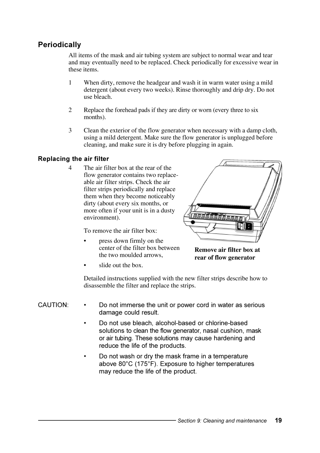 ResMed Comfort manual Periodically, Remove air filter box at rear of flow generator 