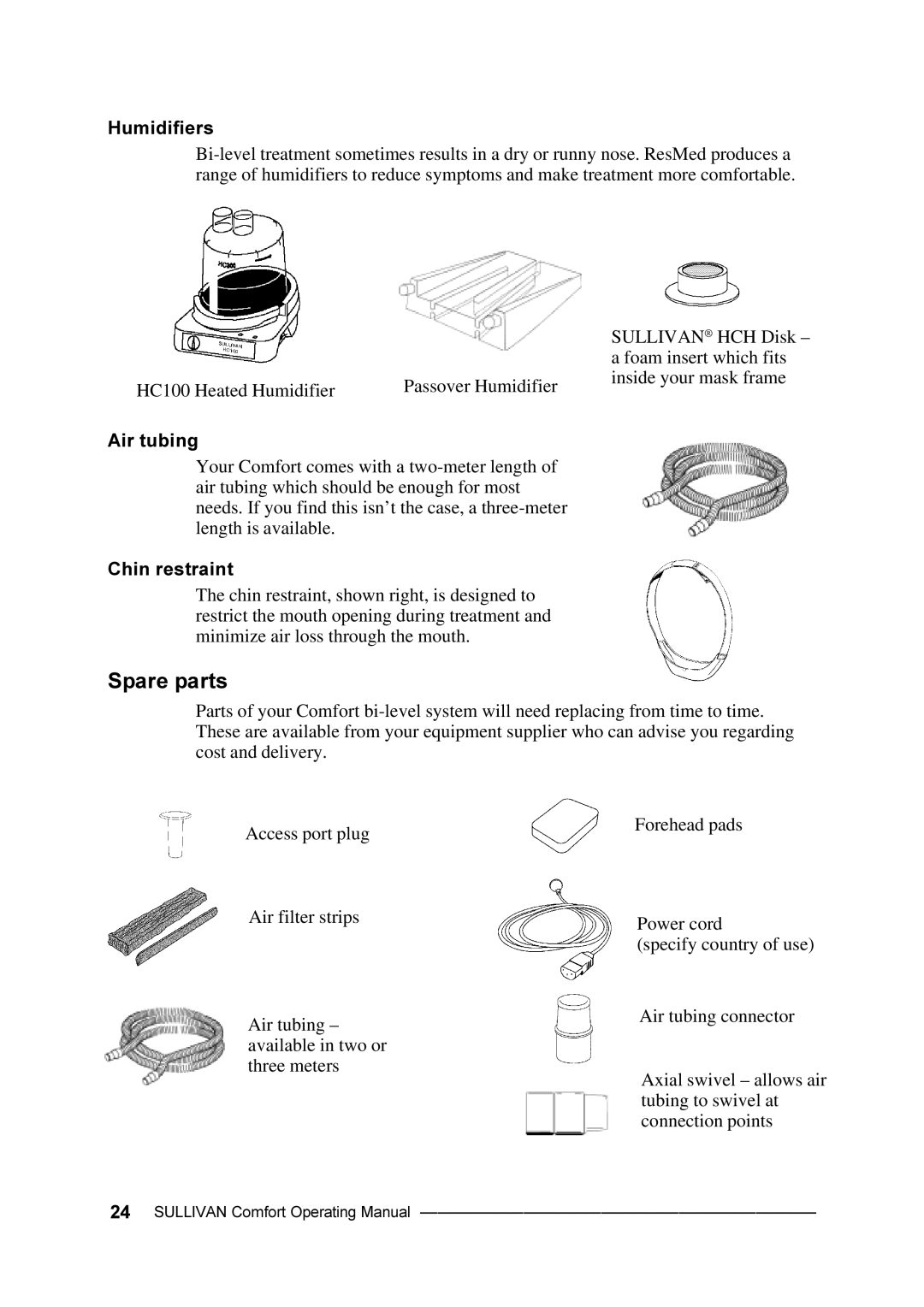 ResMed Comfort manual Spare parts, Humidifiers, Air tubing, Chin restraint 