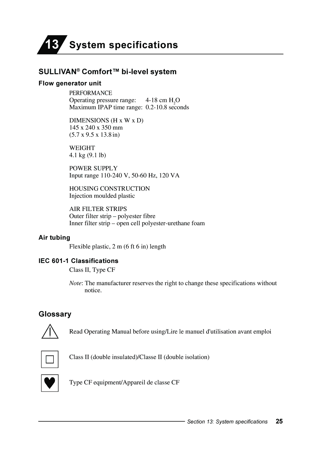 ResMed manual System specifications, Sullivan Comfort bi-level system, Glossary, Flow generator unit 