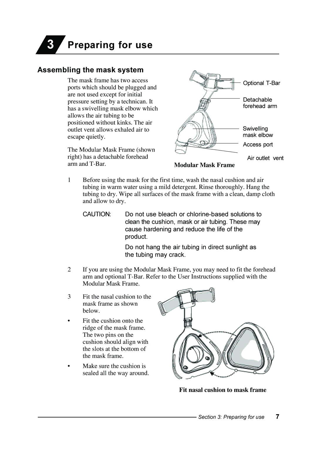 ResMed Comfort manual Preparing for use, Assembling the mask system, Modular Mask Frame, Fit nasal cushion to mask frame 