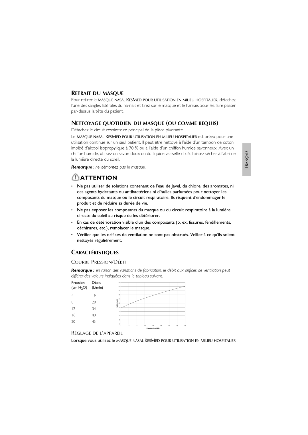 ResMed CPAP Retrait DU Masque, Nettoyage Quotidien DU Masque OU Comme Requis, Caractéristiques, Courbe PRESSION/DÉBIT 