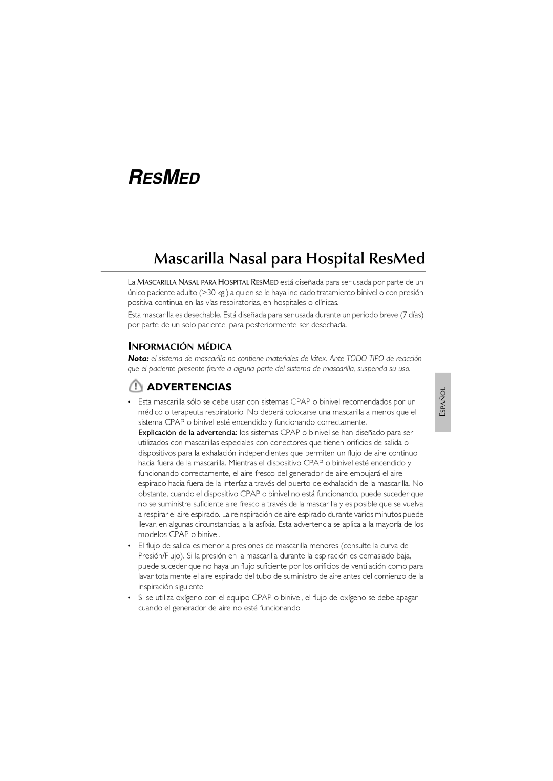 ResMed CPAP manual Advertencias, Información Médica 