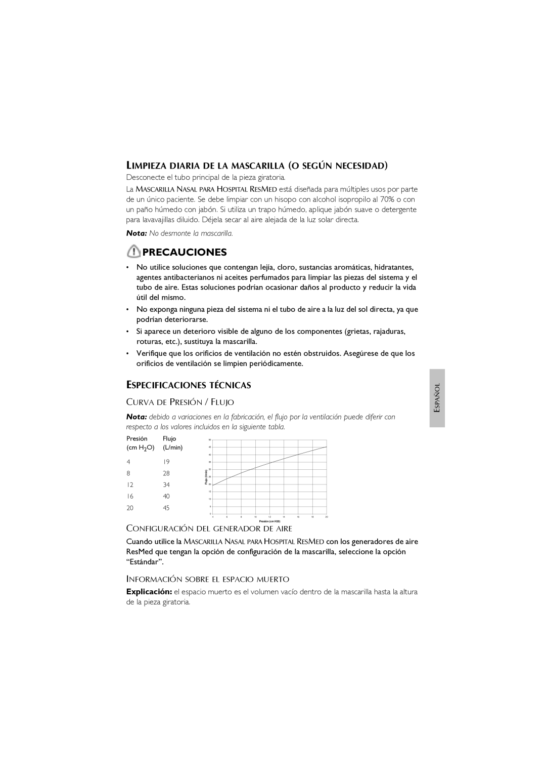 ResMed CPAP manual Precauciones, Limpieza Diaria DE LA Mascarilla O Según Necesidad, Especificaciones Técnicas 