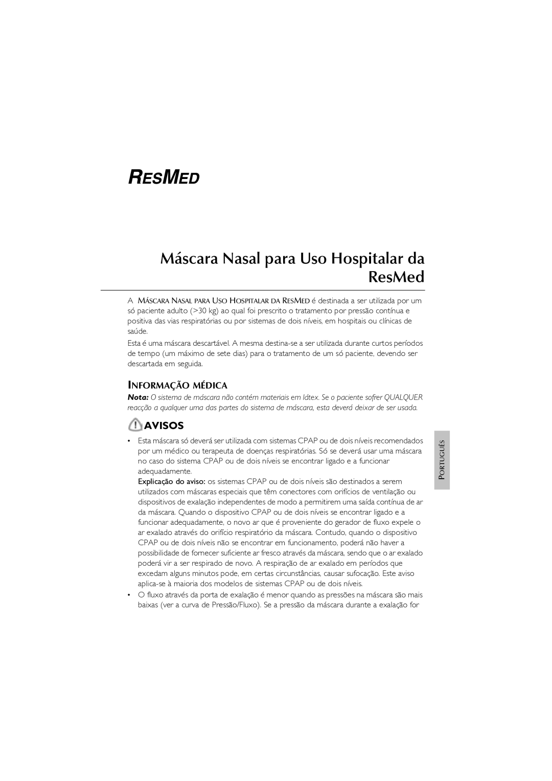 ResMed CPAP manual Avisos, Informação Médica 