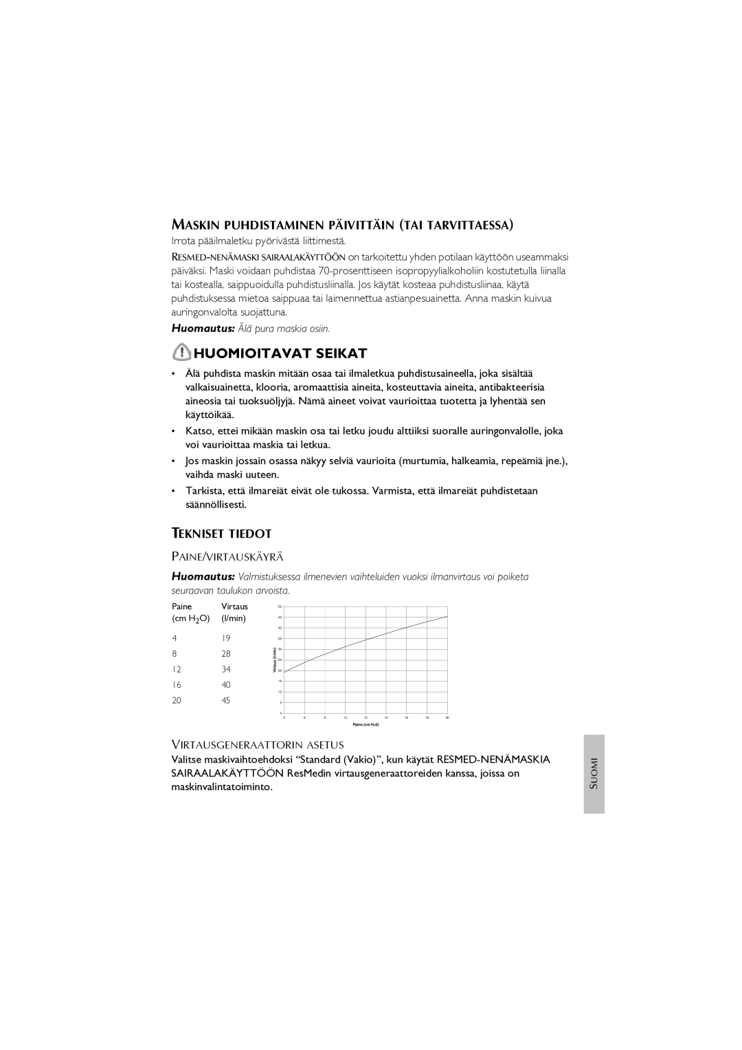 ResMed CPAP manual Huomioitavat Seikat, Maskin Puhdistaminen Päivittäin TAI Tarvittaessa, Tekniset Tiedot 