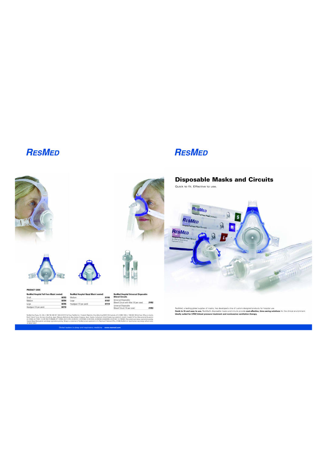 ResMed Disposable Masks and Circuits specifications 