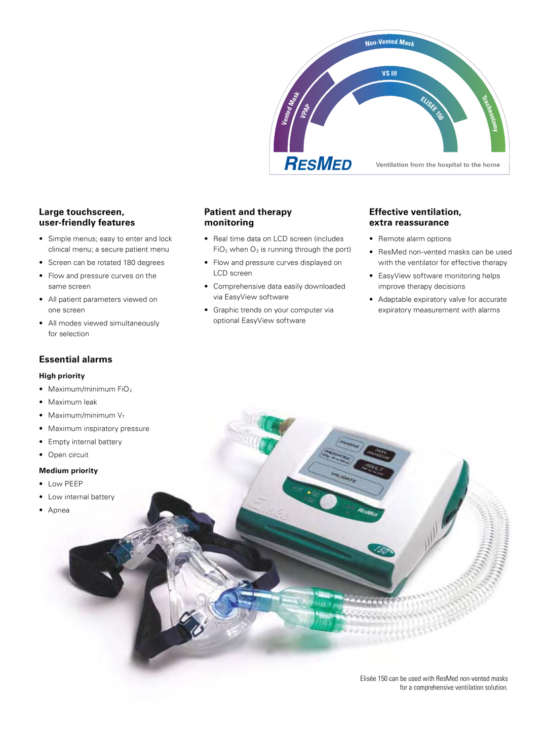 ResMed Elise 150 manual Large touchscreen, user-friendly features, Essential alarms, Patient and therapy monitoring 