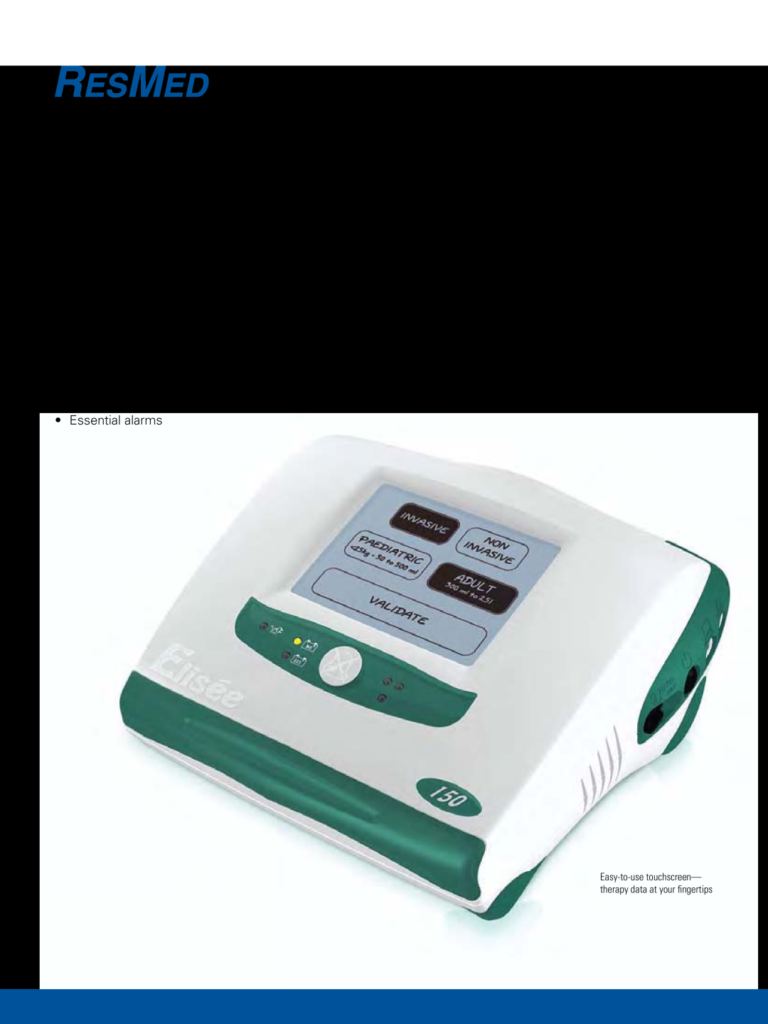 ResMed Elise 150 manual Elisée, Portable ventilation with rechargeable battery, Versatile therapy and two pre-setprograms 