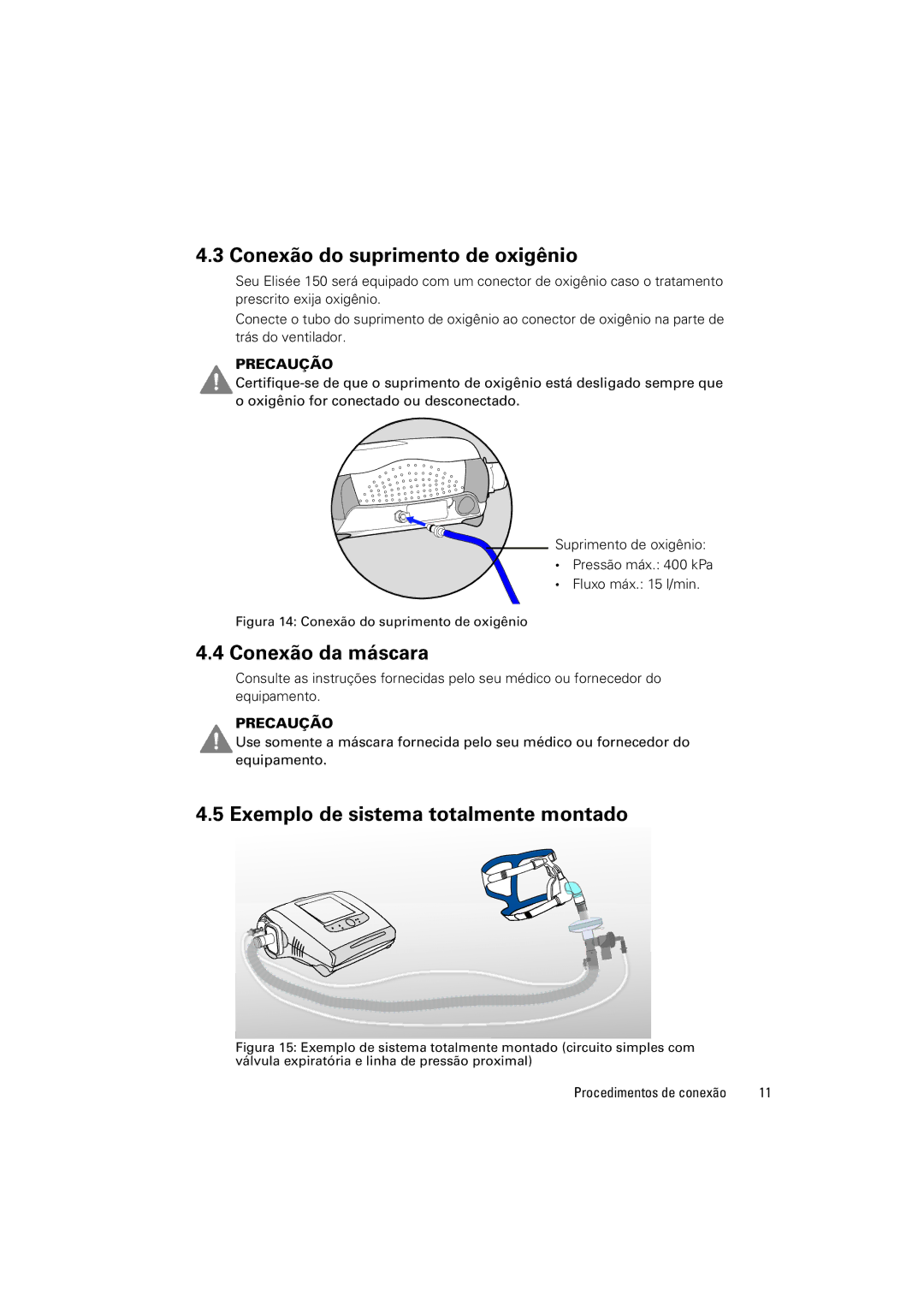 ResMed Elisee 150 manual Conexão do suprimento de oxigênio, Conexão da máscara, Exemplo de sistema totalmente montado 