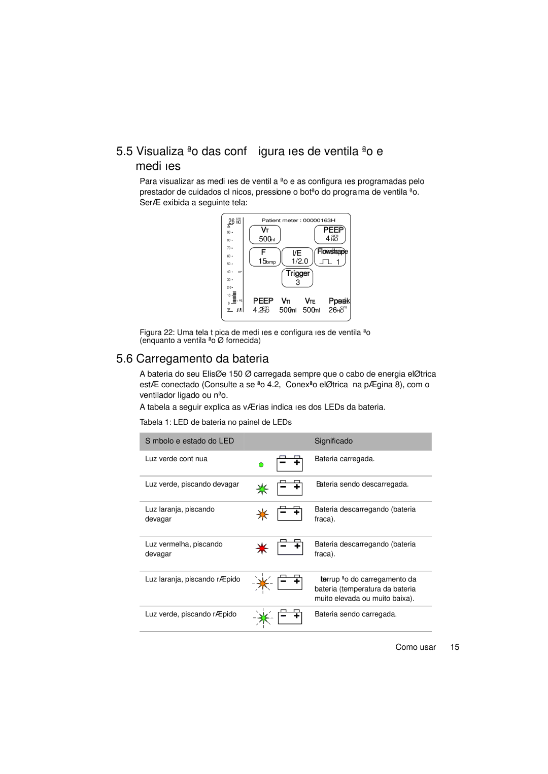 ResMed Elisee 150 manual Visualização das configurações de ventilação e medições, Carregamento da bateria 