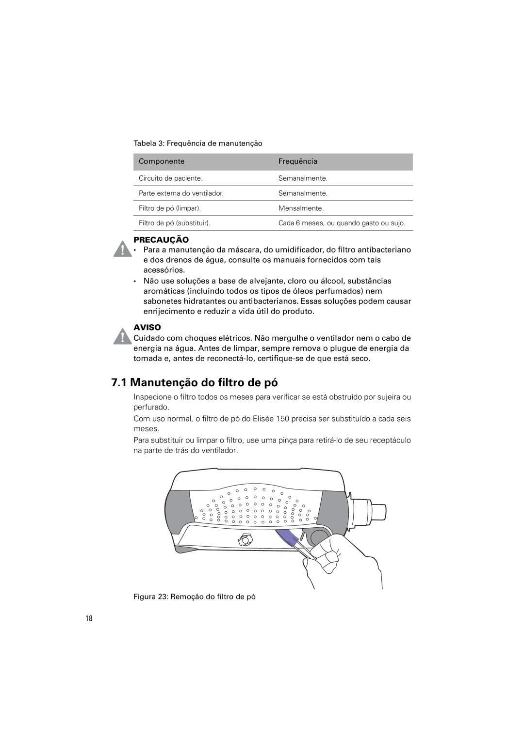 ResMed Elisee 150 manual Manutenção do filtro de pó, Figura 23 Remoção do filtro de pó 