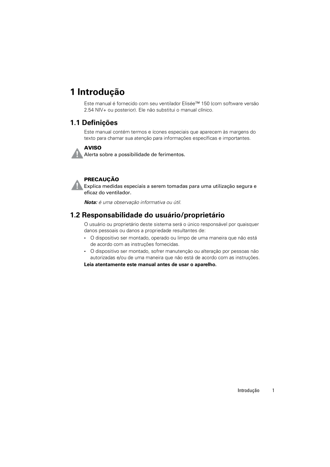 ResMed Elisee 150 manual Introdução, Definições, Responsabilidade do usuário/proprietário 