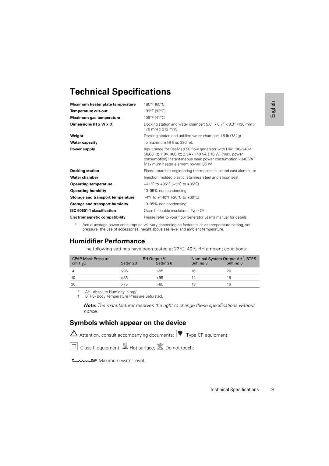 ResMed H4i manual Technical Specifications, Humidifier Performance, Symbols which appear on the device 