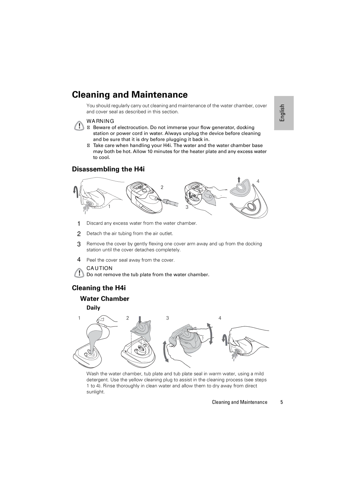 ResMed manual Cleaning and Maintenance, Disassembling the H4i, Cleaning the H4i 