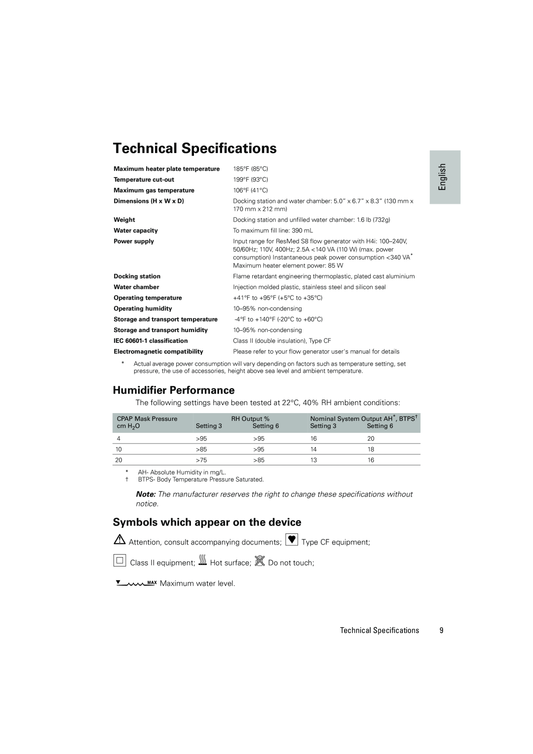 ResMed H4i manual Technical Specifications, Humidifier Performance, Symbols which appear on the device, English 