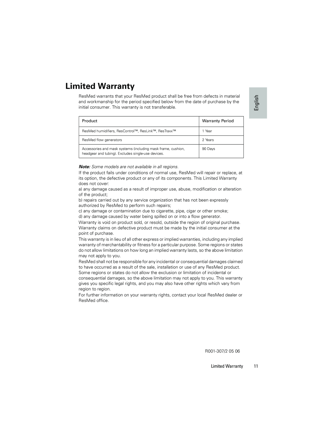 ResMed H4i manual Limited Warranty, English 