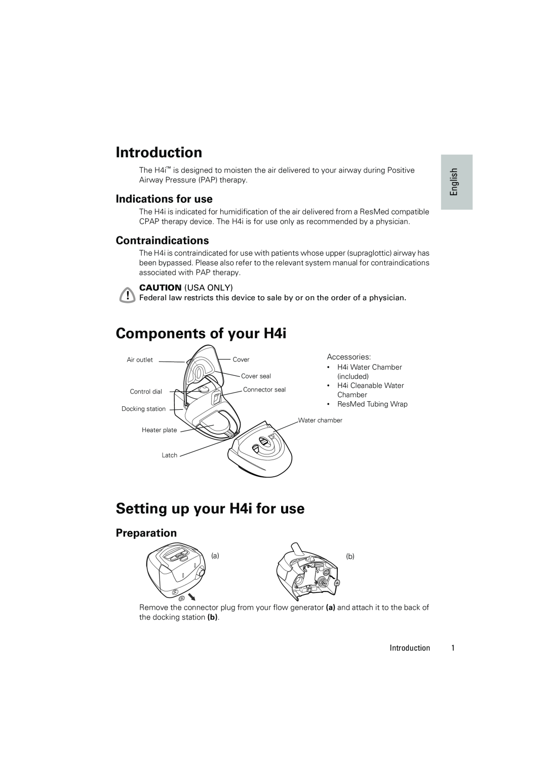 ResMed manual Introduction, Components of your H4i, Setting up your H4i for use, Indications for use, Contraindications 