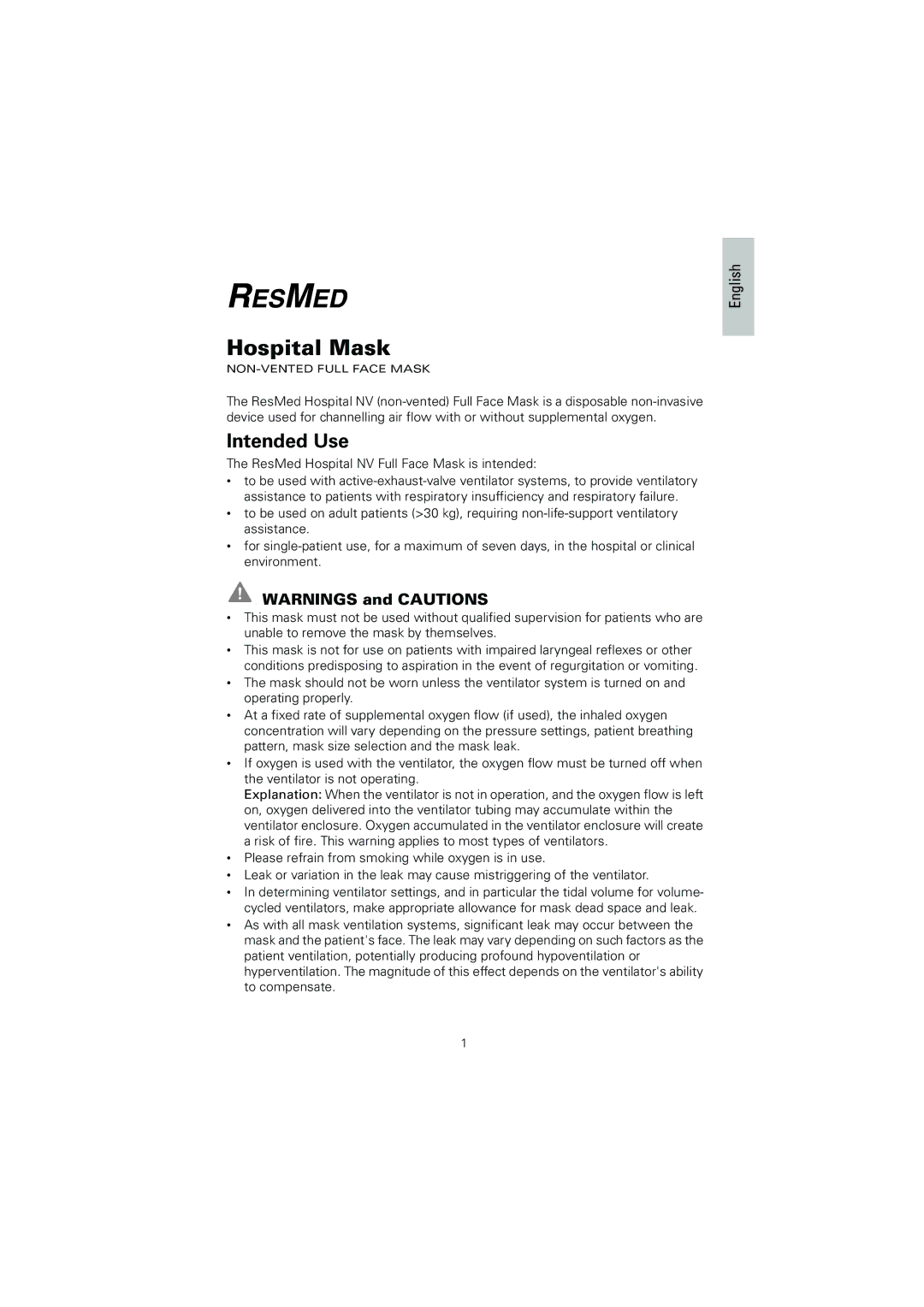 ResMed Hospital Mask manual Intended Use 