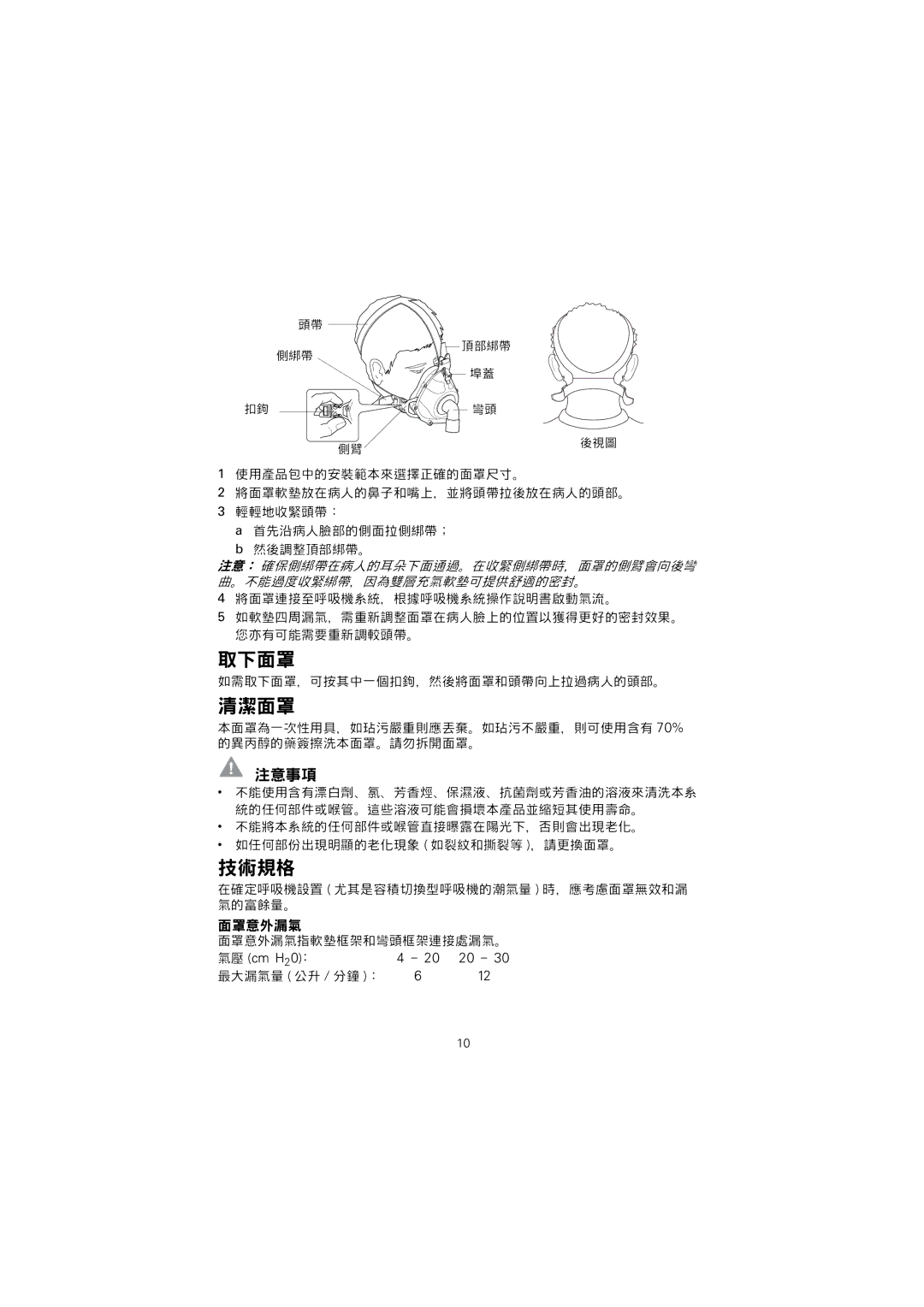 ResMed Hospital Mask manual 取下面罩, 清潔面罩, 技術規格 