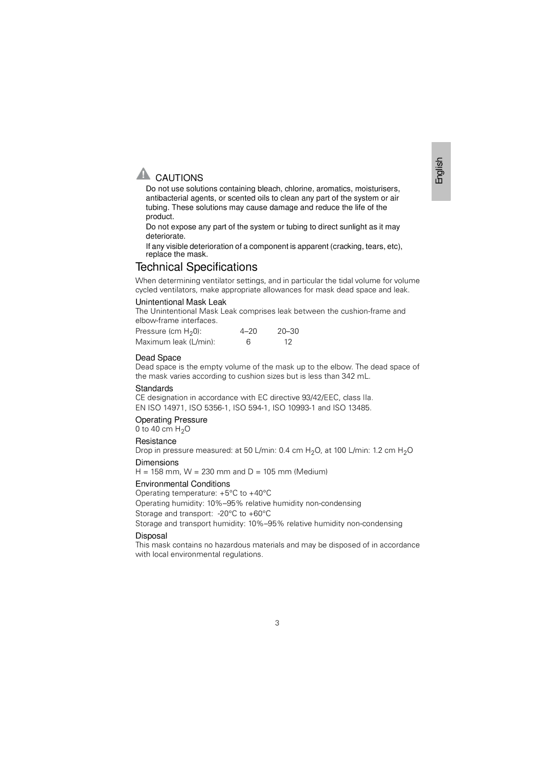 ResMed Hospital Mask manual Technical Specifications, Unintentional Mask Leak 