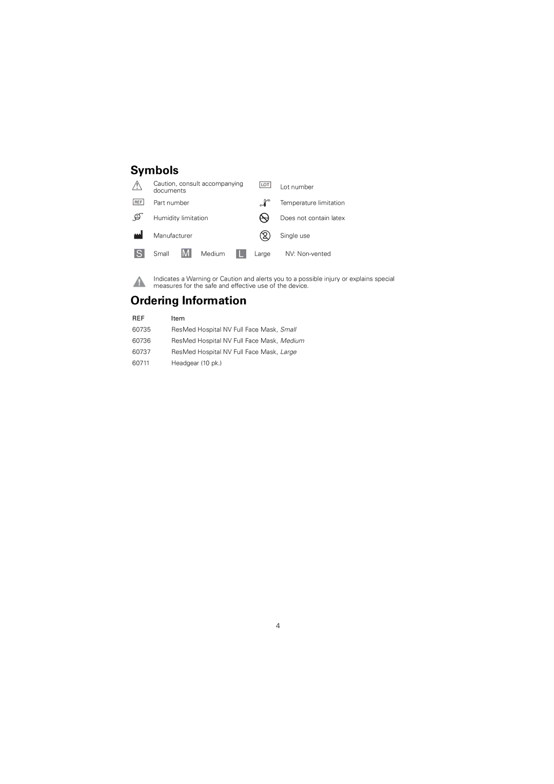 ResMed Hospital Mask manual Symbols, Ordering Information 