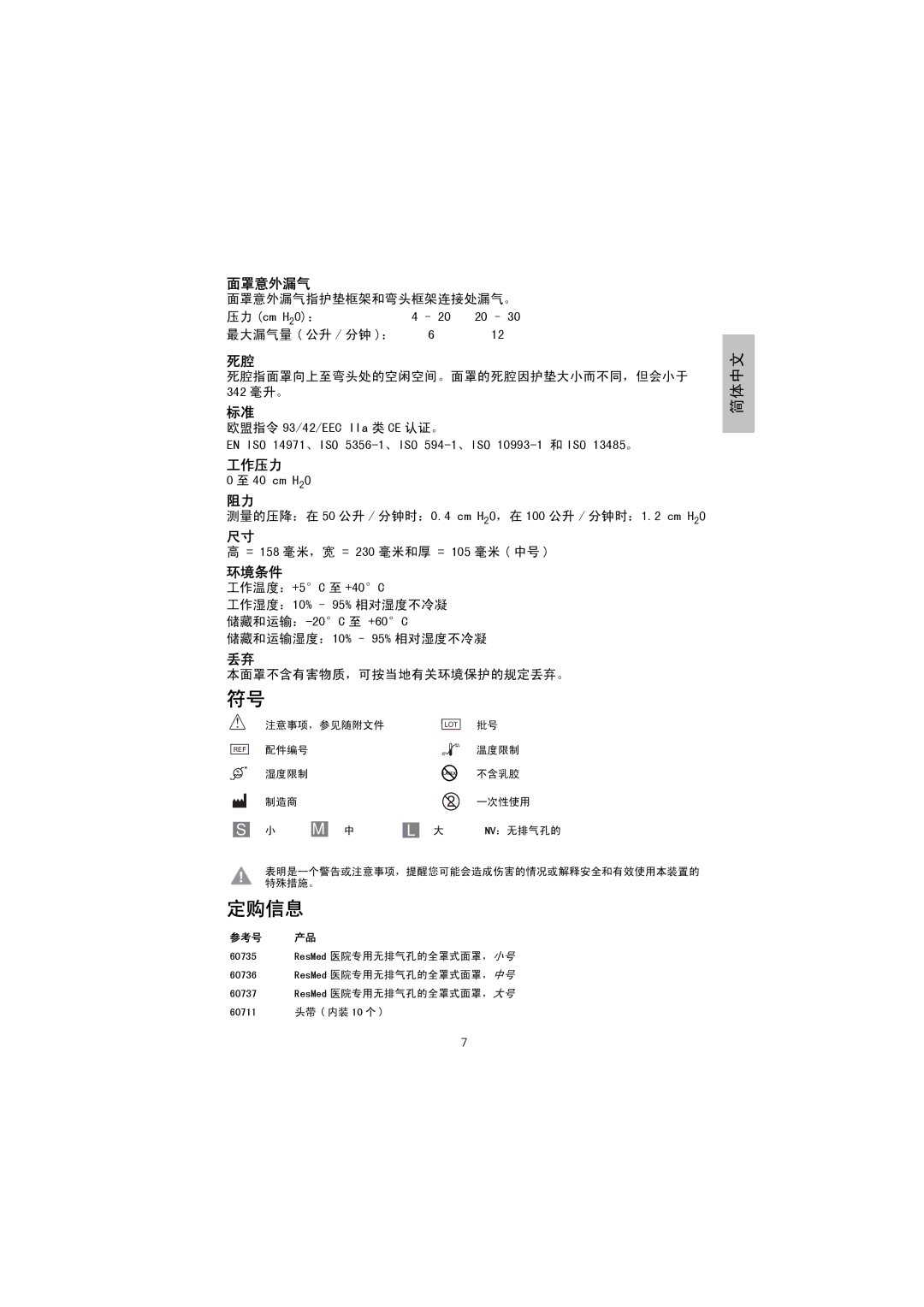 ResMed Hospital Mask manual 定购信息, 面罩意外漏气 