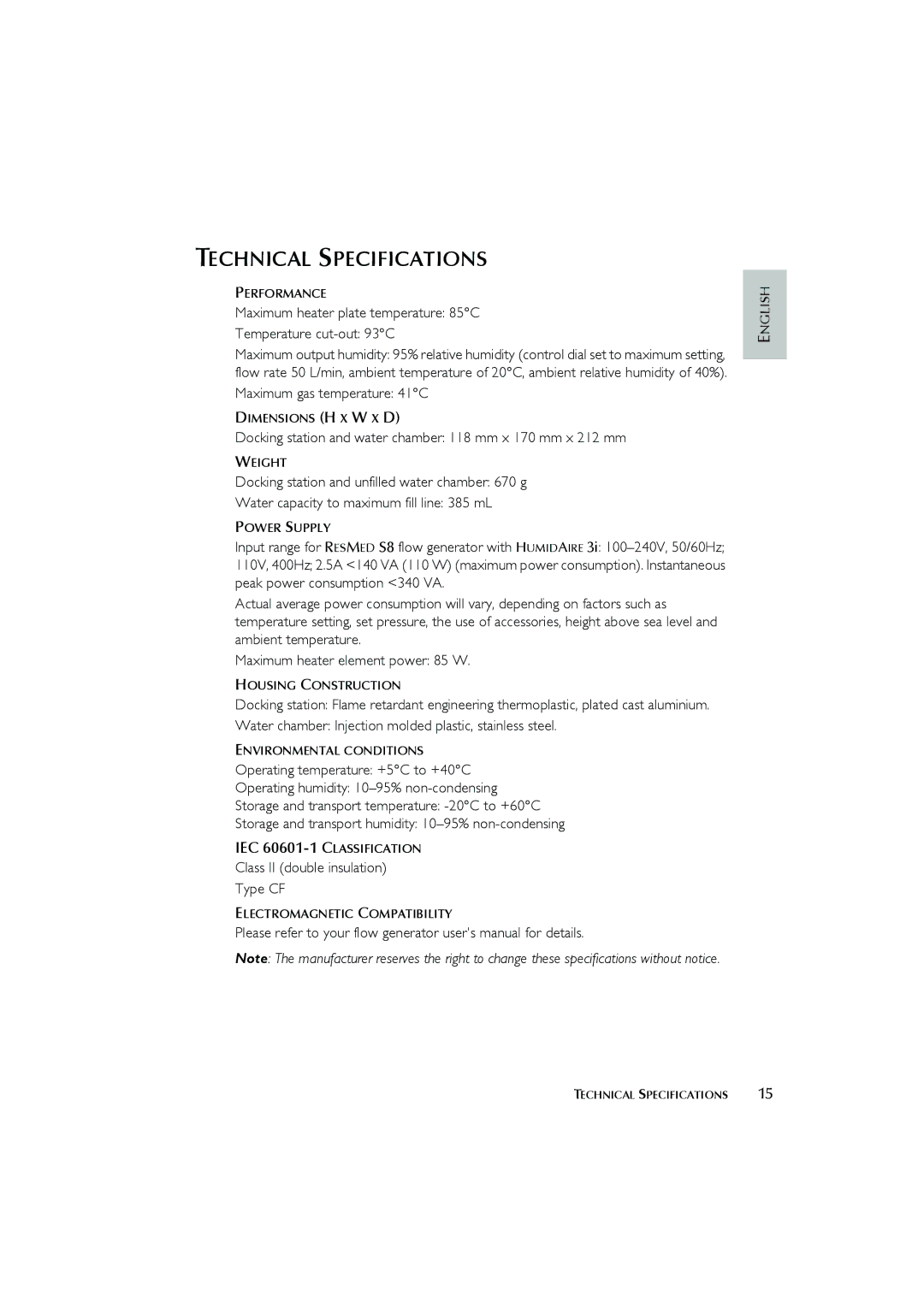 ResMed Humidifier user manual Technical Specifications, IEC 60601-1 Classification 