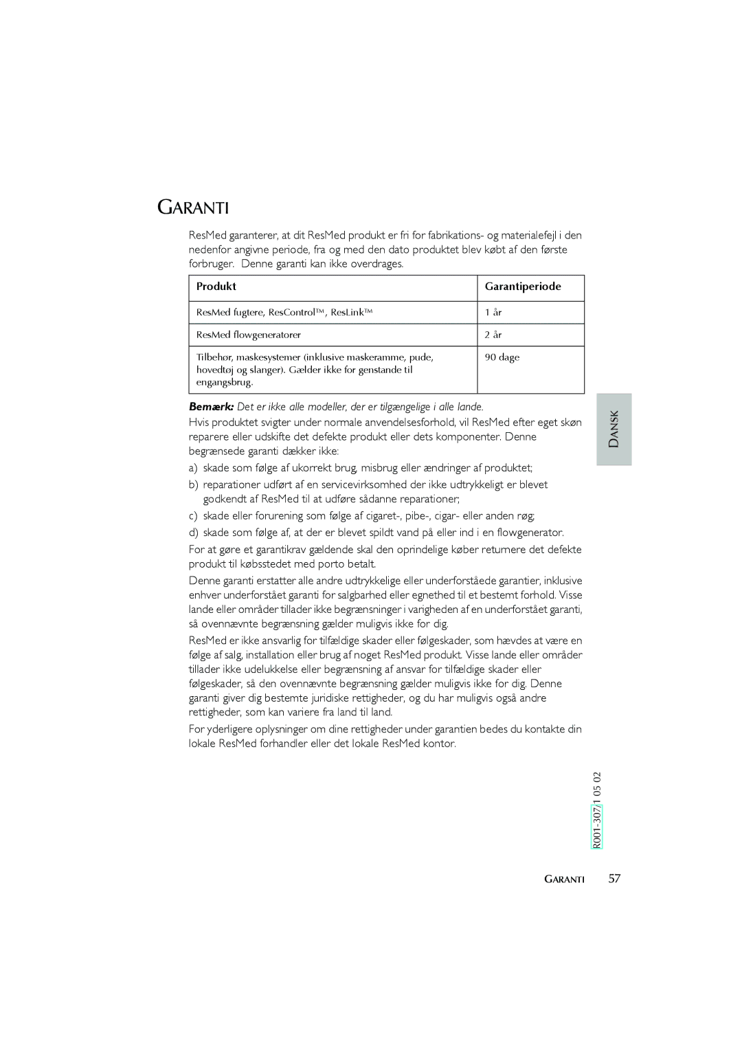 ResMed Humidifier user manual Produkt Garantiperiode 