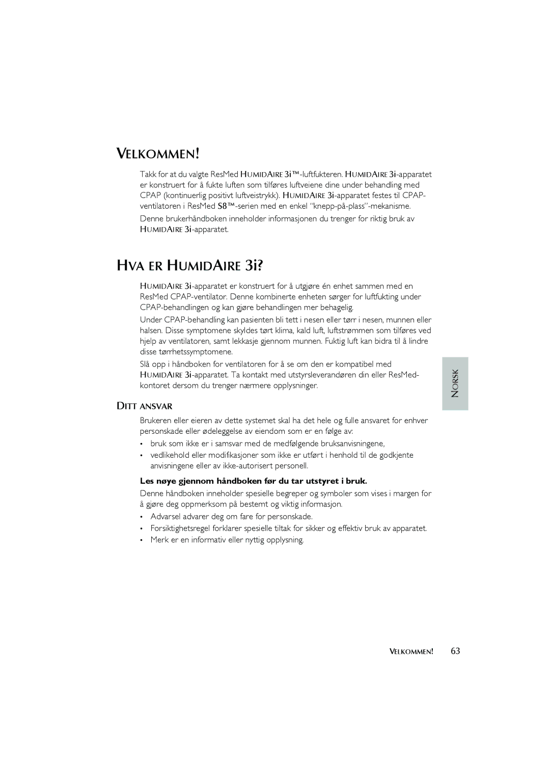 ResMed Humidifier user manual HVA ER Humidaire 3i?, Les nøye gjennom håndboken før du tar utstyret i bruk 