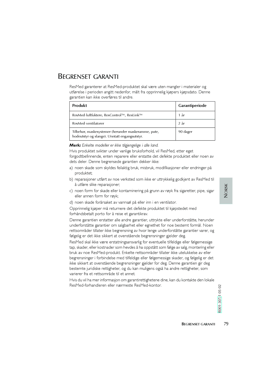 ResMed Humidifier user manual Begrenset Garanti, Merk Enkelte modeller er ikke tilgjengelige i alle land 