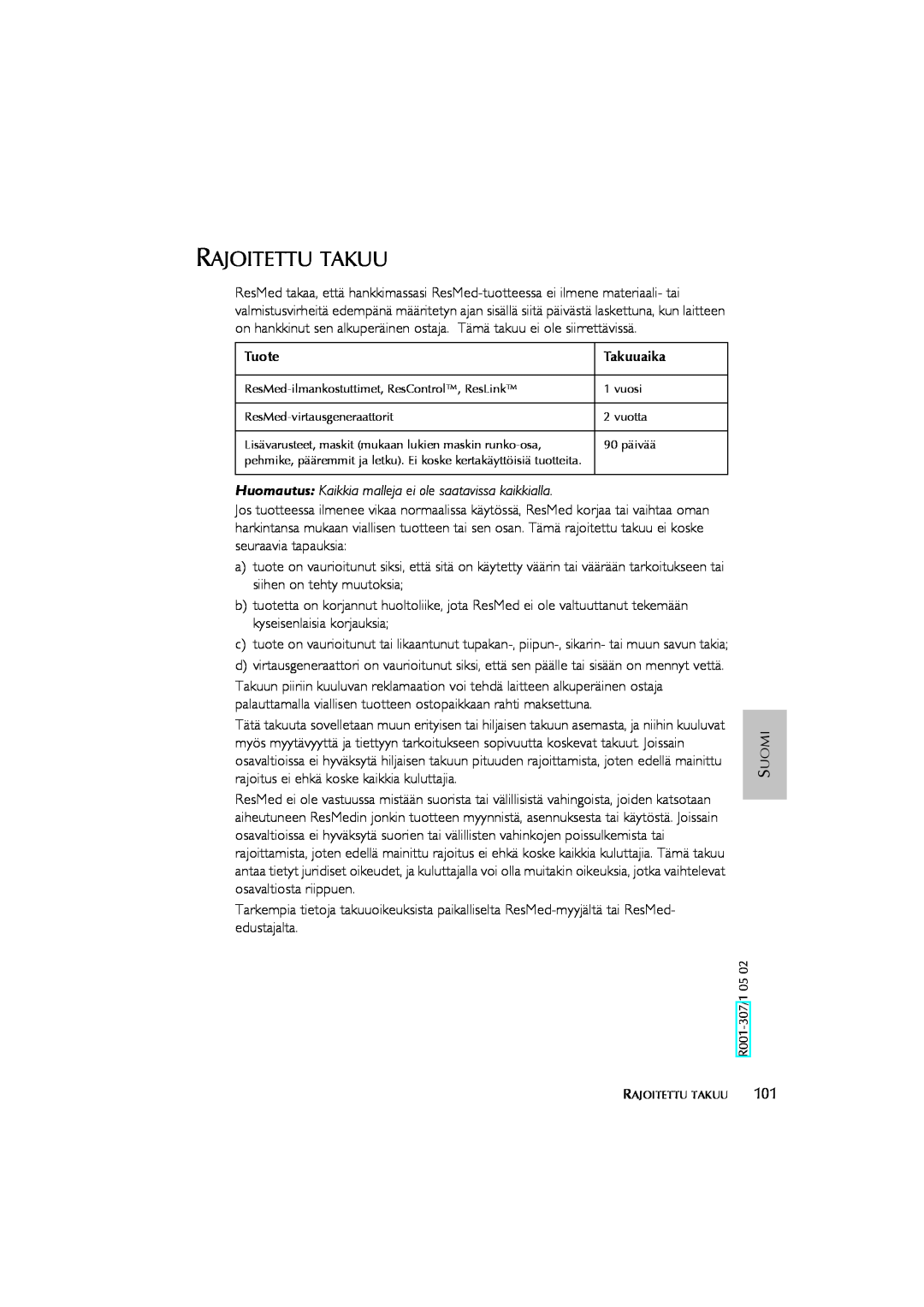 ResMed Humidifier user manual Rajoitettu Takuu, Tuote, Takuuaika 