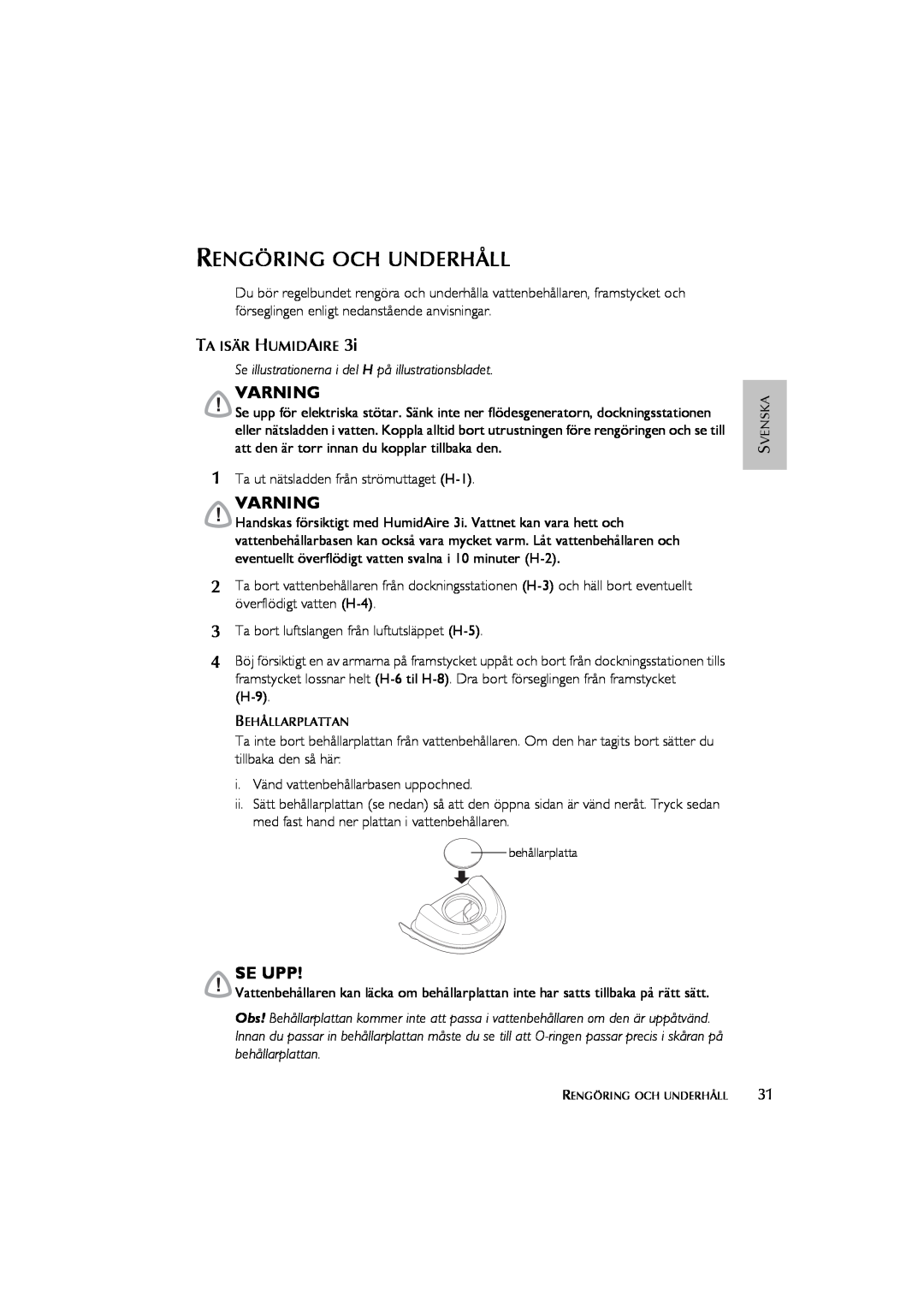 ResMed Humidifier user manual Rengöring Och Underhåll, Varning, Se Upp 