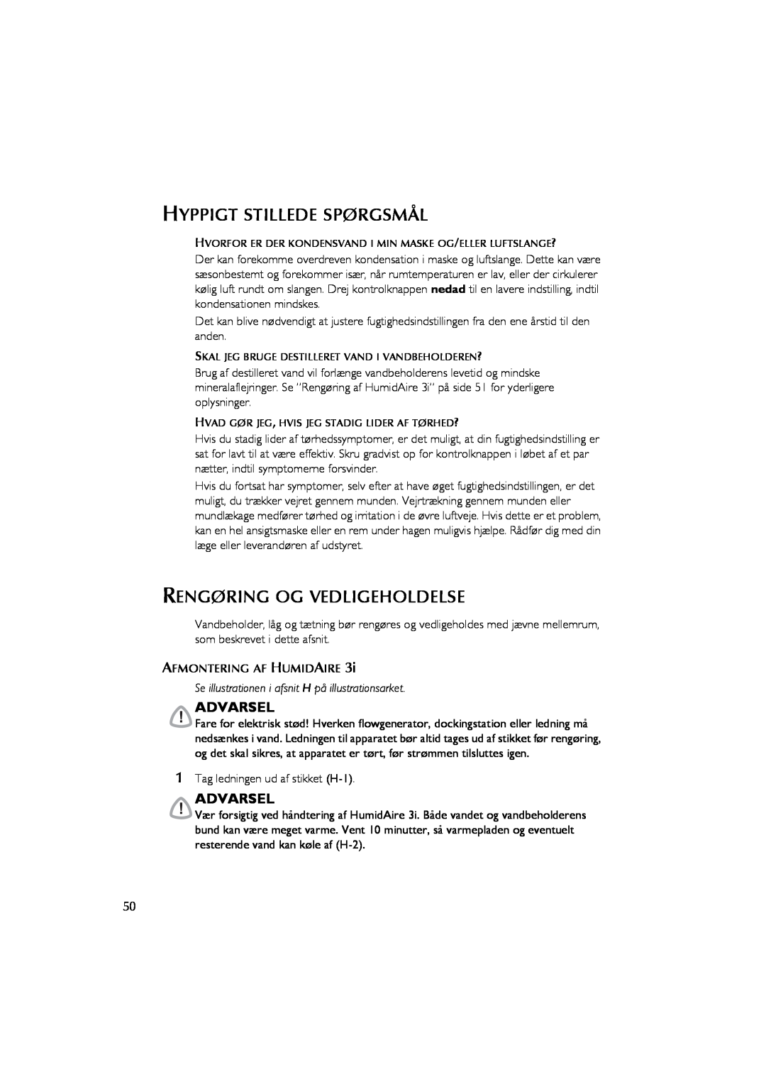 ResMed Humidifier user manual Hyppigt Stillede Spørgsmål, Rengøring Og Vedligeholdelse, Advarsel 